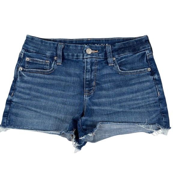 American Eagle Denim Shorts Next Level Stretch Frayed Hem Dark Wash‎ Size 4 - Picture 1 of 8